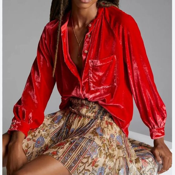 Pilcro Sz Small Coral Red Velvet Button-Down Blouse Top Boho Relaxed - Picture 1 of 9